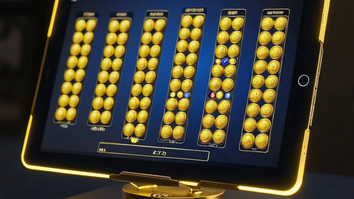 Tablet con columnas de monedas doradas en pantalla y un marco de luz amarilla