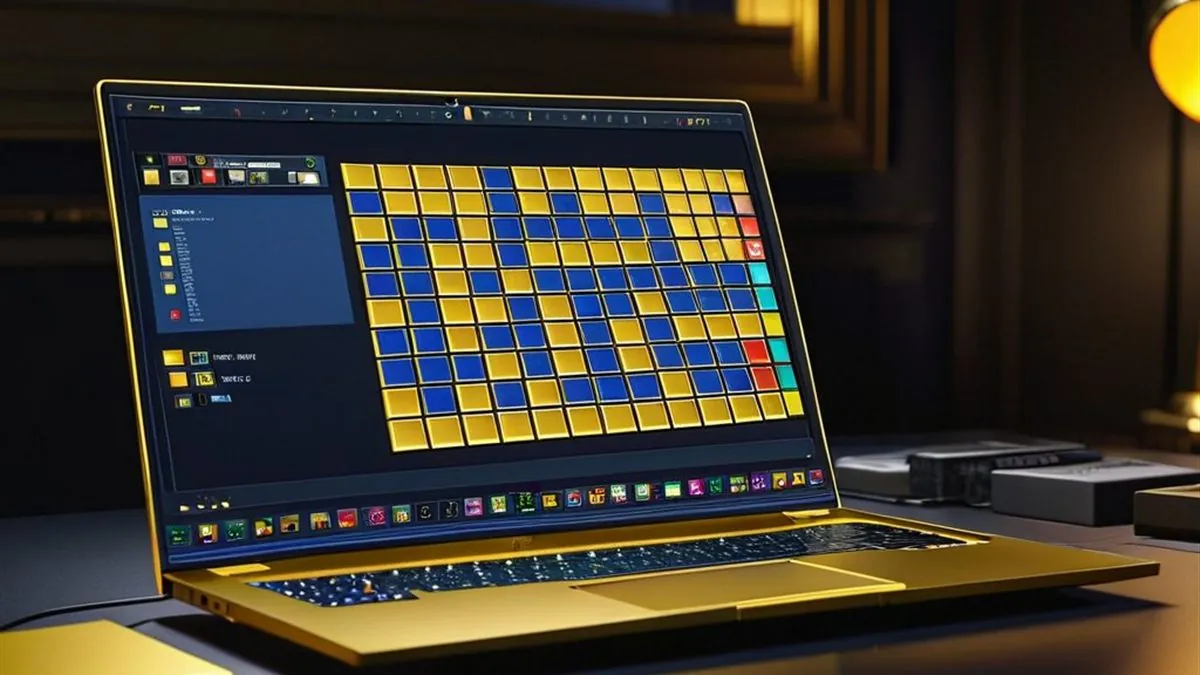 Laptop con una cuadrícula de juegos azul y amarilla en pantalla sobre un escritorio oscuro
