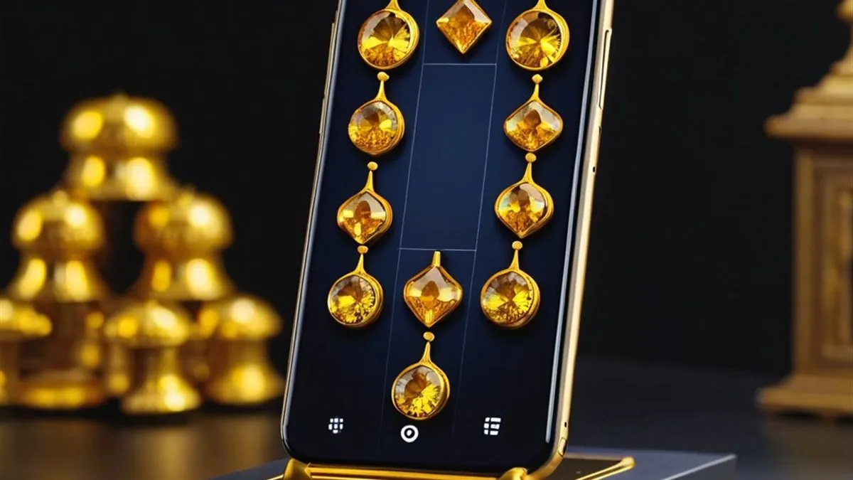 Celular en una base con una tragamonedas de gemas doradas junto a figuras doradas