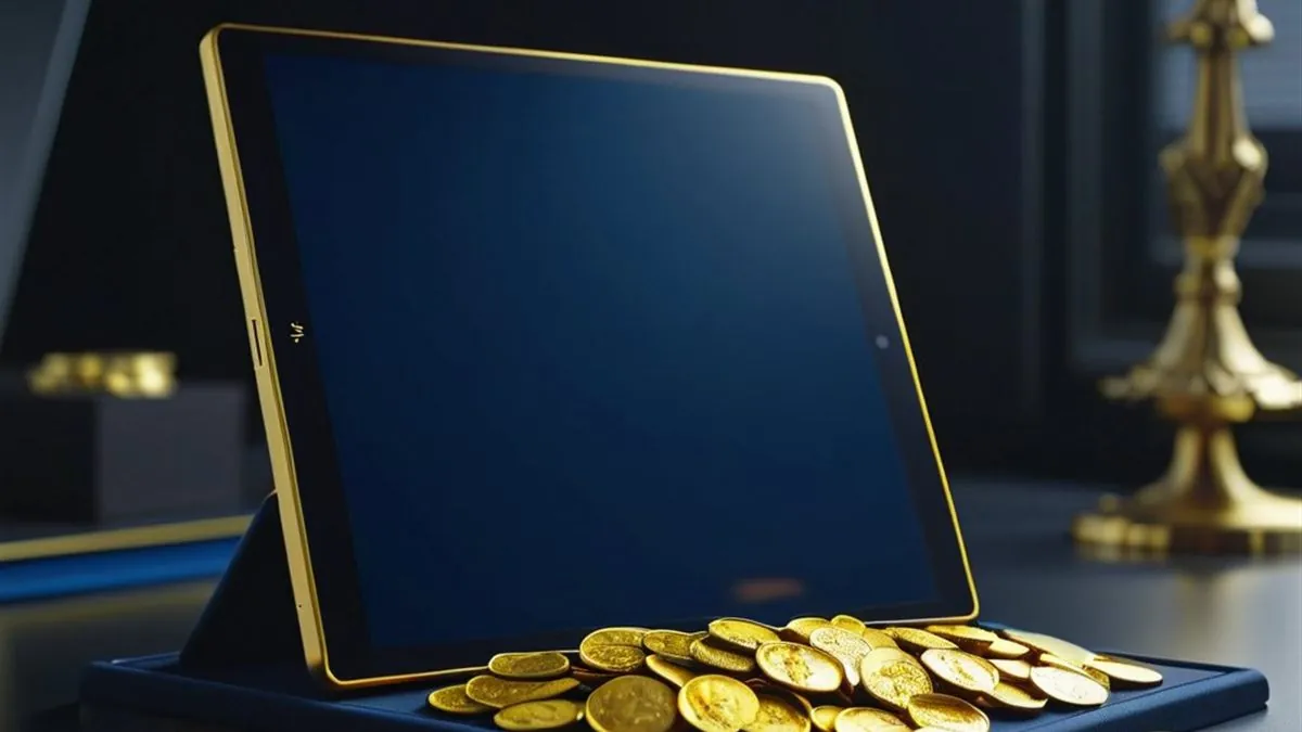 Tablet con pantalla azul sobre un montón de monedas doradas en el escritorio